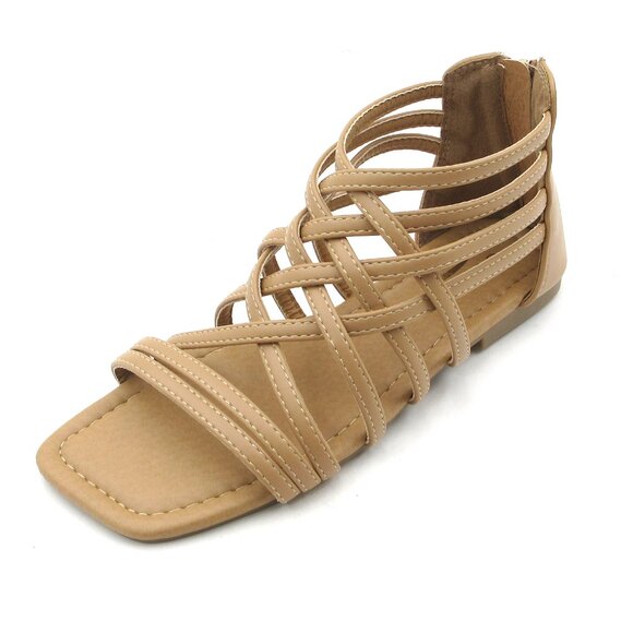 Women's Roman Gladiator Muliti Straped Back Zip Design Flat Heel Sandals Tan - Picture 5 of 5